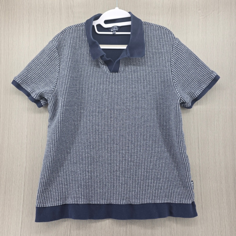 Ben Sherman Navy Gray Textured Rib Knit Johnny Collar Polo Shirt Cotton Mens XL